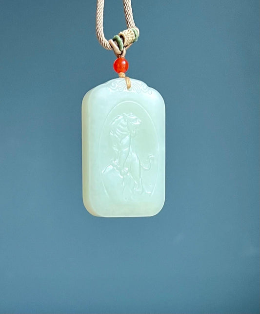 Certified natural jade/ white nephrite rectangle pendant/carved tiger pendant necklace天然精品 白玉 雕刻上山虎吊坠 #4627 老料 白皮籽