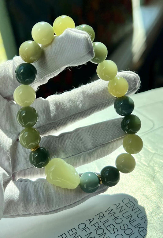 9.9mm Certified natural Jade/yellow and blue nephrite bracelet 天然软玉 黄玉/蓝皮黄口 双色手串 全玉化蓝皮#9447 特色料