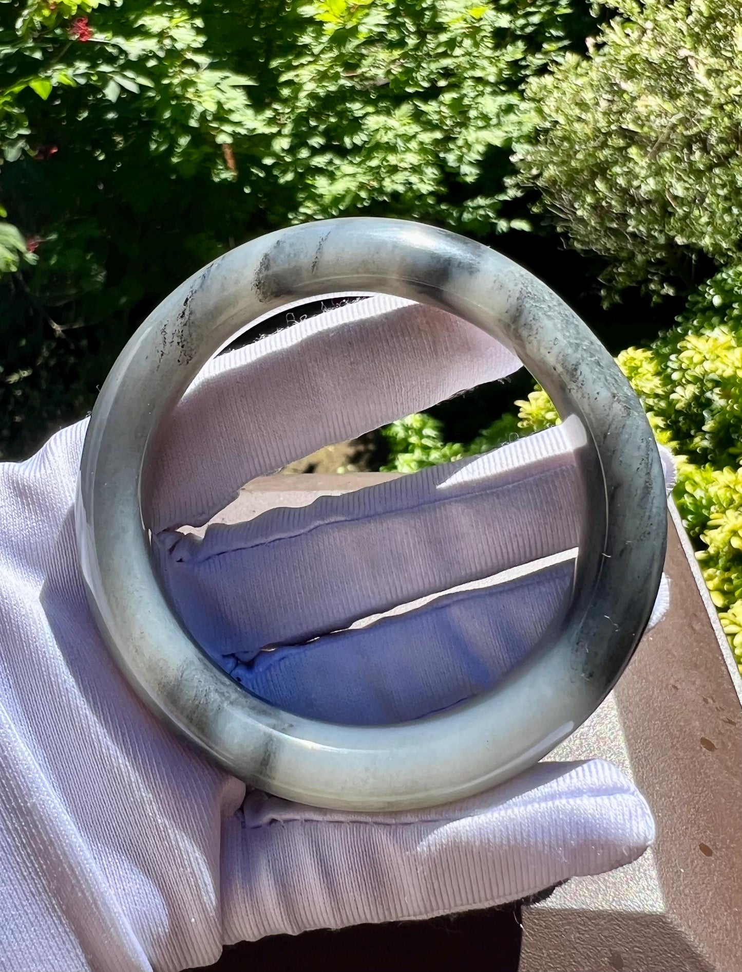 55mm Certified natural jade/black and White Nephrite bangle/ Qinghua river nephrite 天然精品 河料青花  水墨画 正圈手镯 平安镯#2445 青花子料 留皮