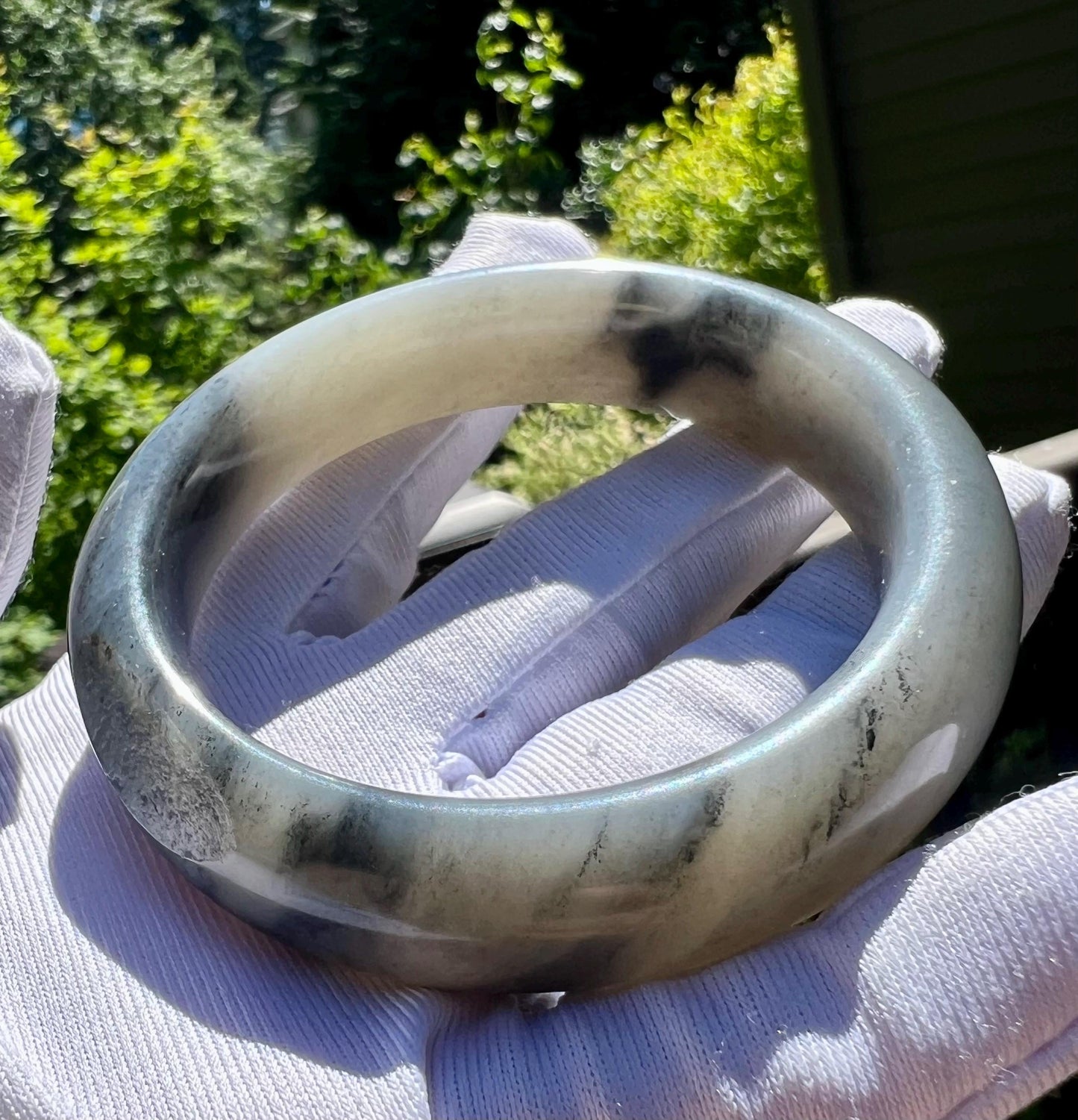 55mm Certified natural jade/black and White Nephrite bangle/ Qinghua river nephrite 天然精品 河料青花  水墨画 正圈手镯 平安镯#2445 青花子料 留皮