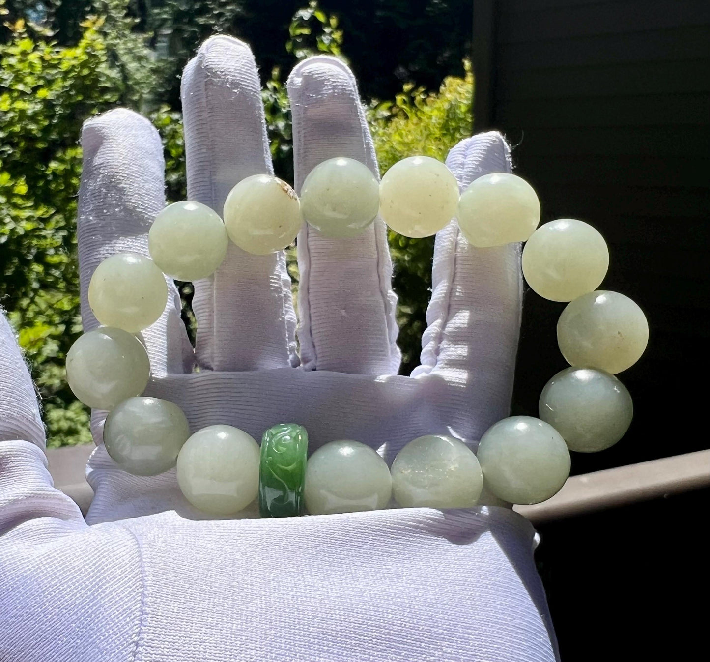 14mm Certified natural jade white Nephrite bracelet/ greenish white/river nephrite/ 天然软玉 青白玉 圆珠手串 #3057 原皮毛孔