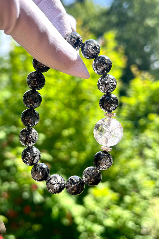 10mm+ Certified natural black rutilated quartz bracelet/full inclusion/rainbow clear quartz/black tourmaline hair 天然黑发晶/碧玺发晶 晶体干净 粗发浓密#0040
