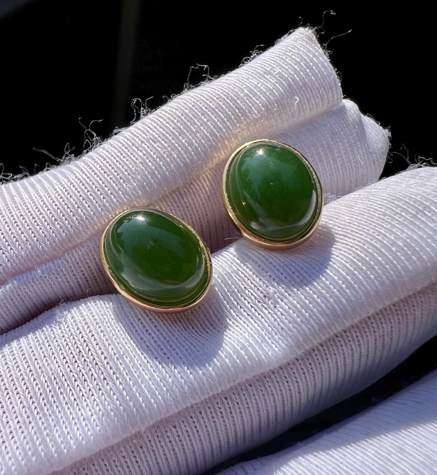 Nephrite Jade Sterling Silver Stud Earrings: Oval Green Jade #0938