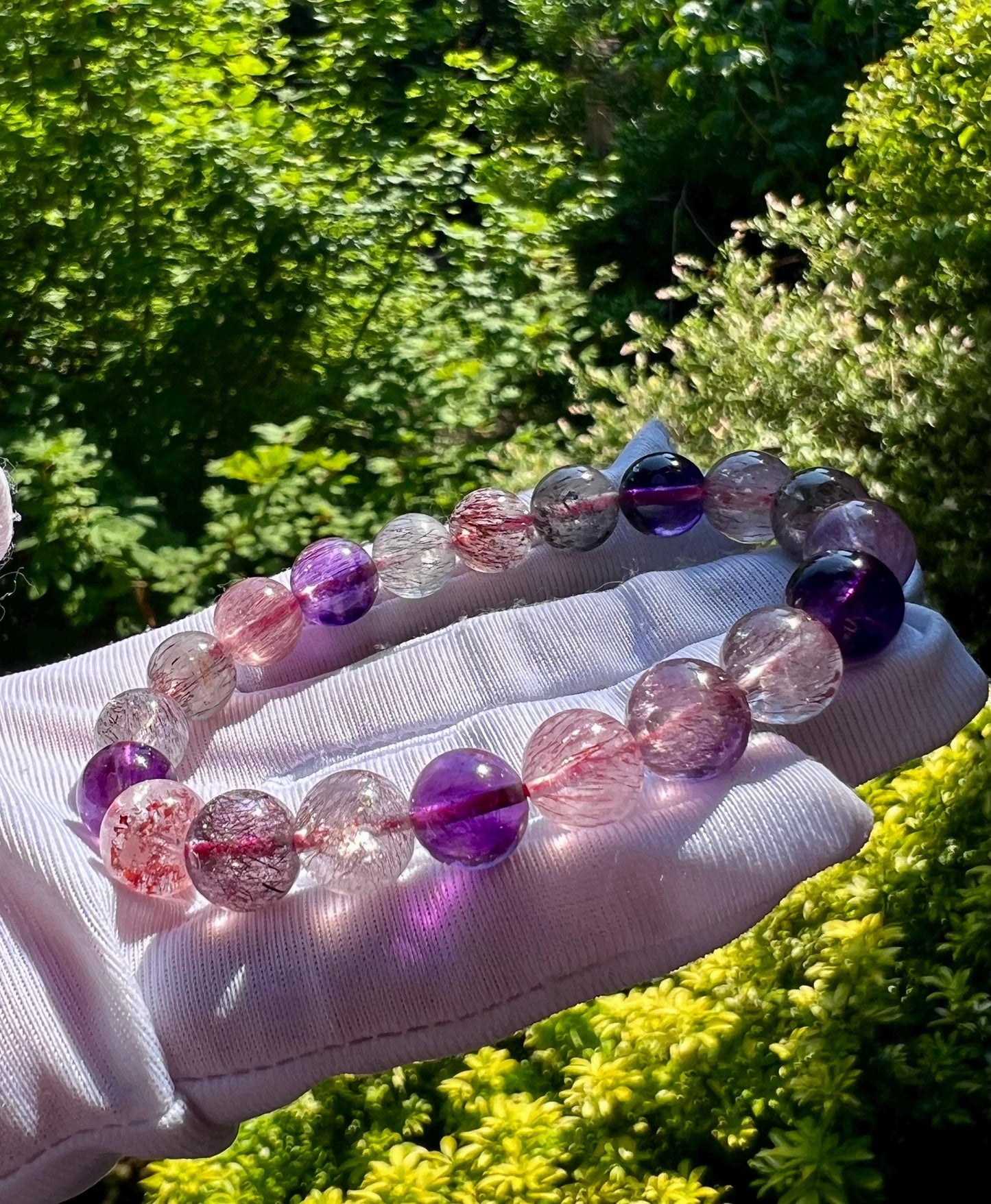 9.4mm+ Certified natural Super Seven bracelet, Super 7 Quartz/ round beads 天然精品超七水晶 超7手串, Super seven 晶体干净内涵顺满#7821