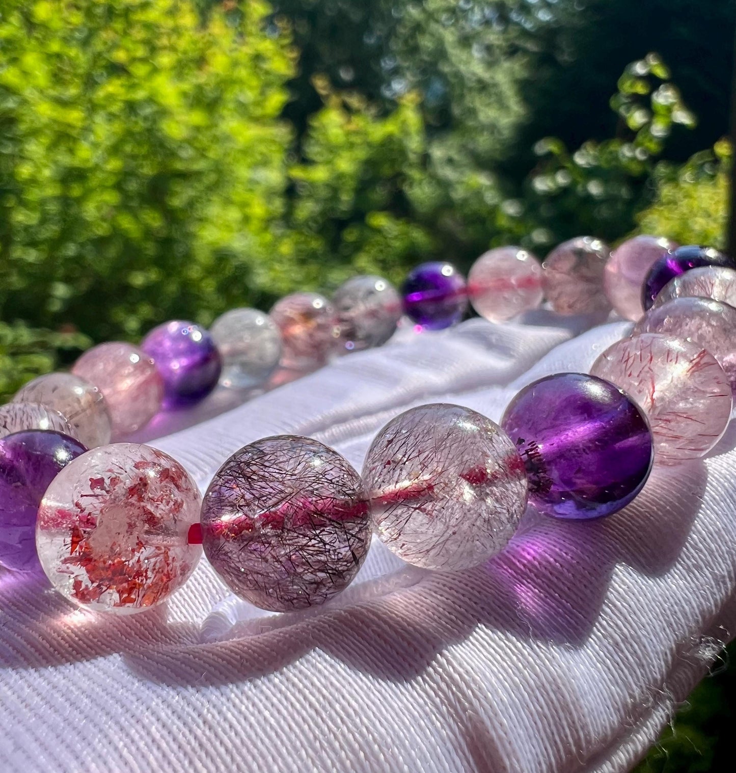 9.4mm+ Certified natural Super Seven bracelet, Super 7 Quartz/ round beads 天然精品超七水晶 超7手串, Super seven 晶体干净内涵顺满#7821