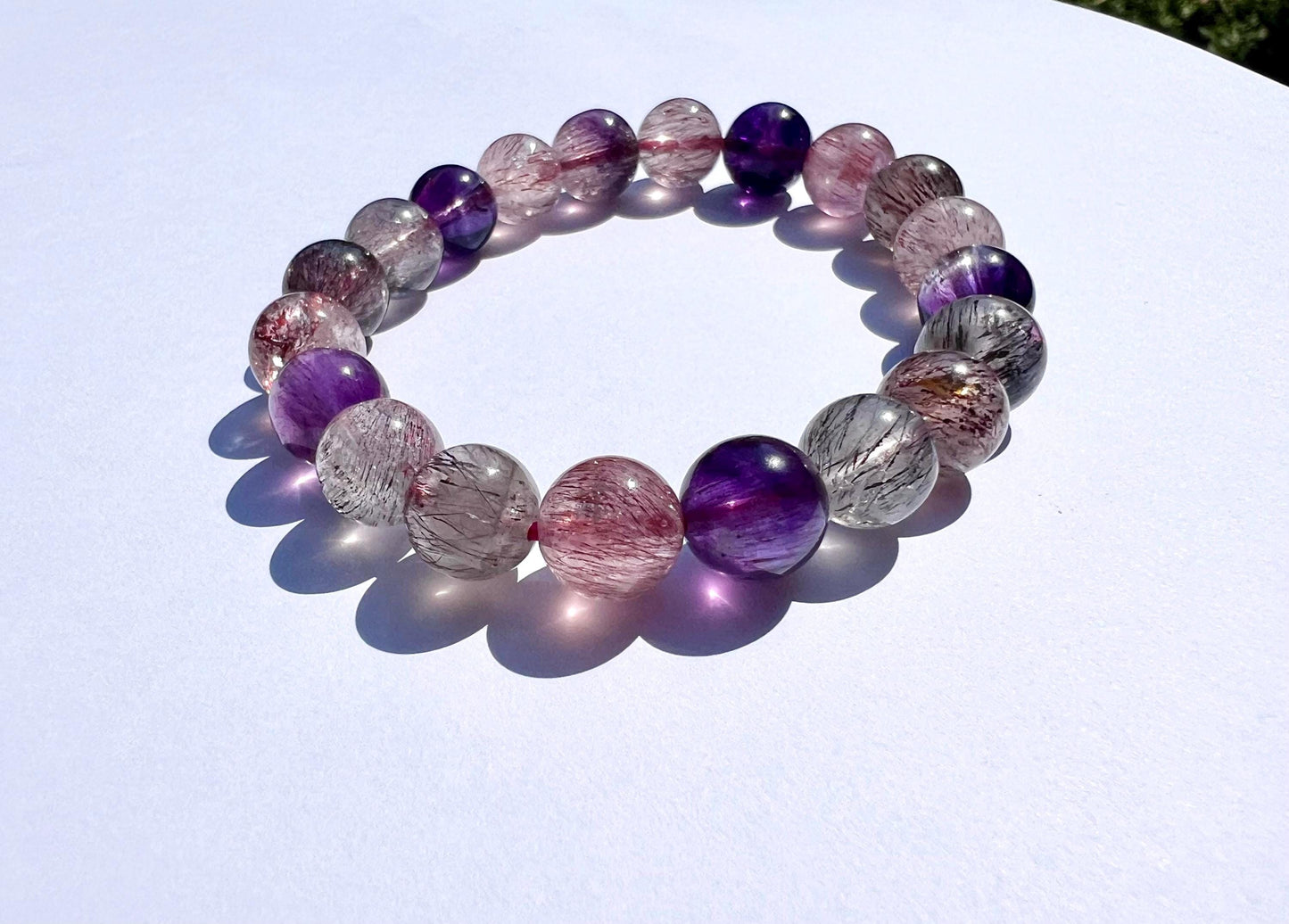 9.4mm+ Certified natural Super Seven bracelet, Super 7 Quartz/ round beads 天然精品超七水晶 超7手串, Super seven 晶体干净内涵顺满#7821