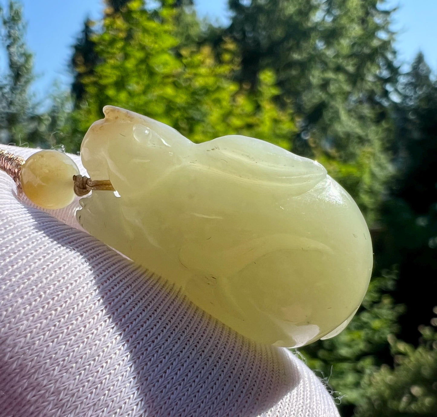Certified natural jade/ Ruoqiang bluish white and brown nephrite carved bunny pendant necklace/天然软玉 若羌糖青白玉 兔子吊坠 #2122 前途似锦