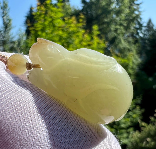 Certified natural jade/ Ruoqiang bluish white and brown nephrite carved bunny pendant necklace/天然软玉 若羌糖青白玉 兔子吊坠 #2122 前途似锦