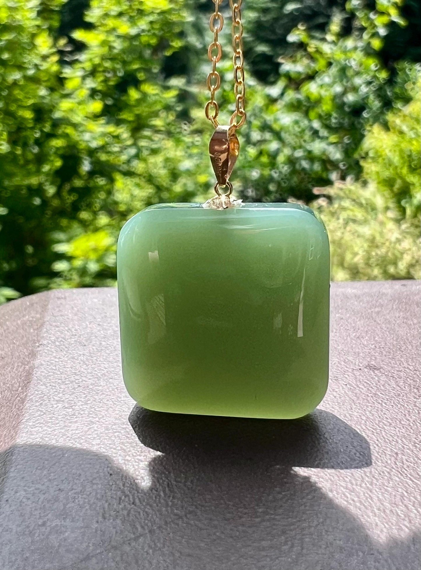 Certified natural nephrite green jade/bluish green nephrite safety pendant/nothing pendant necklace/gold 18k天然软玉 碧玉粉青无事牌 18k金扣头#7424 特细无结构