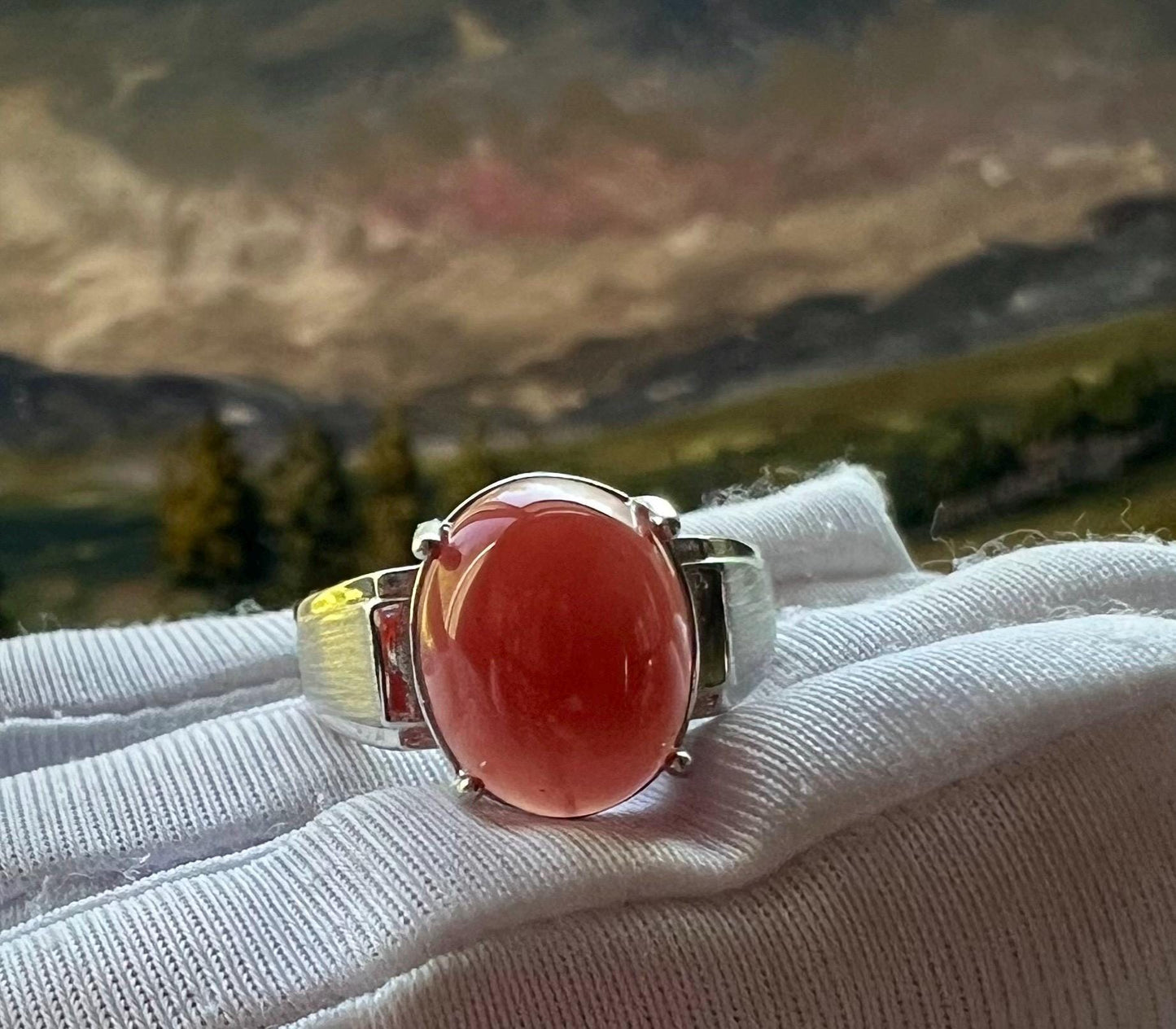 Certified natural Sichuan Nanhong agate ring/Southern Red agate oval shaped ring/sterling silver天然精品川料南红戒指/椭圆蛋面 意工纯银镶嵌#0297 四川联合料 樱桃红了