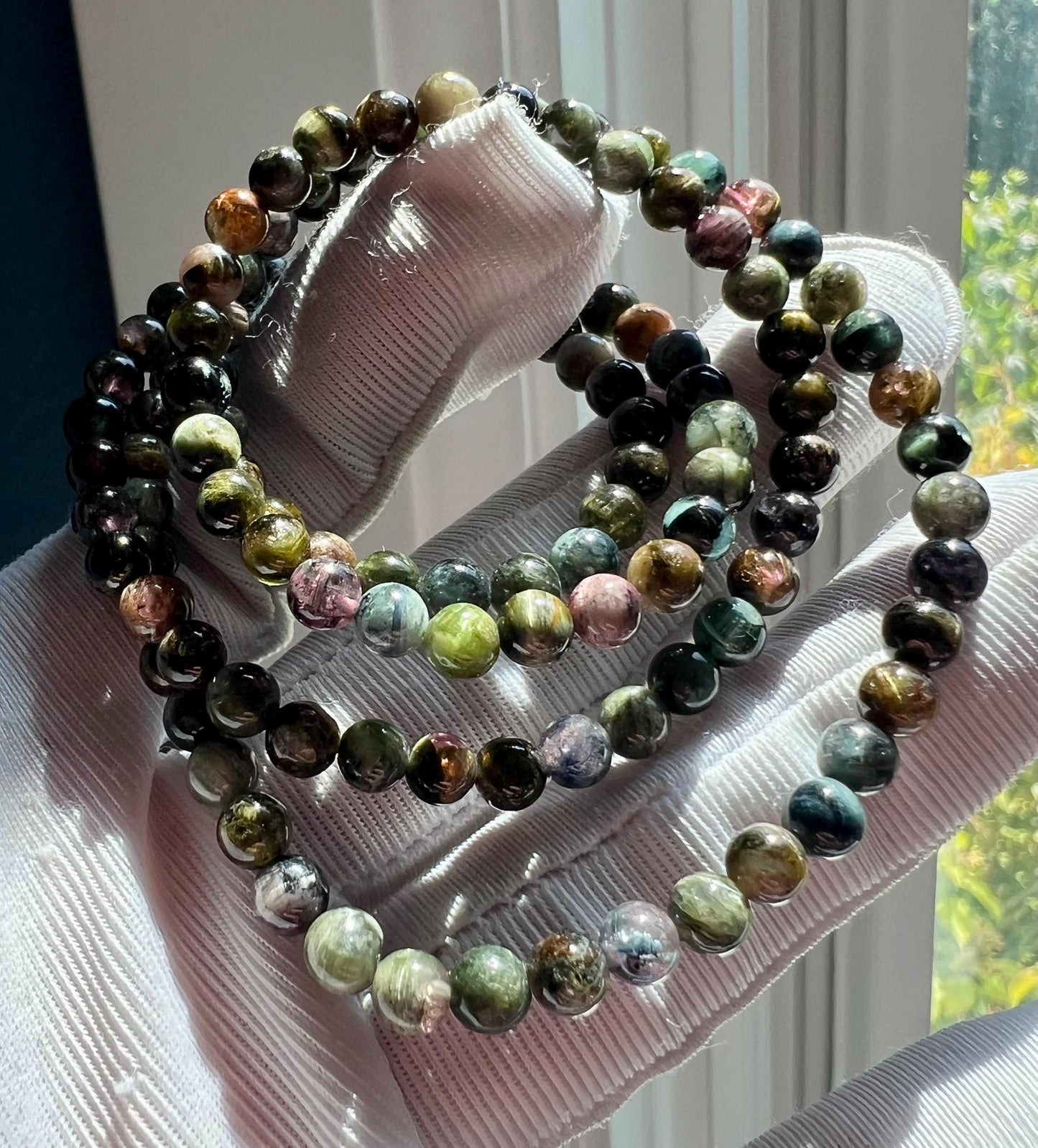 4.4mm+ Certified natural  chatoyant rainbow color Tourmaline beads Bracelet, Lively chatoyant tourmaline necklace,天然稀有顺活猫眼碧玺手串/多圈手串 #0280