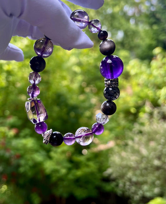 Natural Amethyst purple elf bracelet/Untreated Various amethyst and silver Obsidian/Herkimer Diamond 天然紫水晶多宝手串 暗紫精灵
