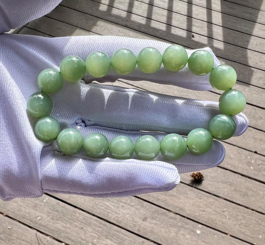 10mm Certified natural nephrite green jade/ chatoyant bluish green nephrite Bracelet天然 碧玉手串 冰底起莹光 猫眼粉青 #3077