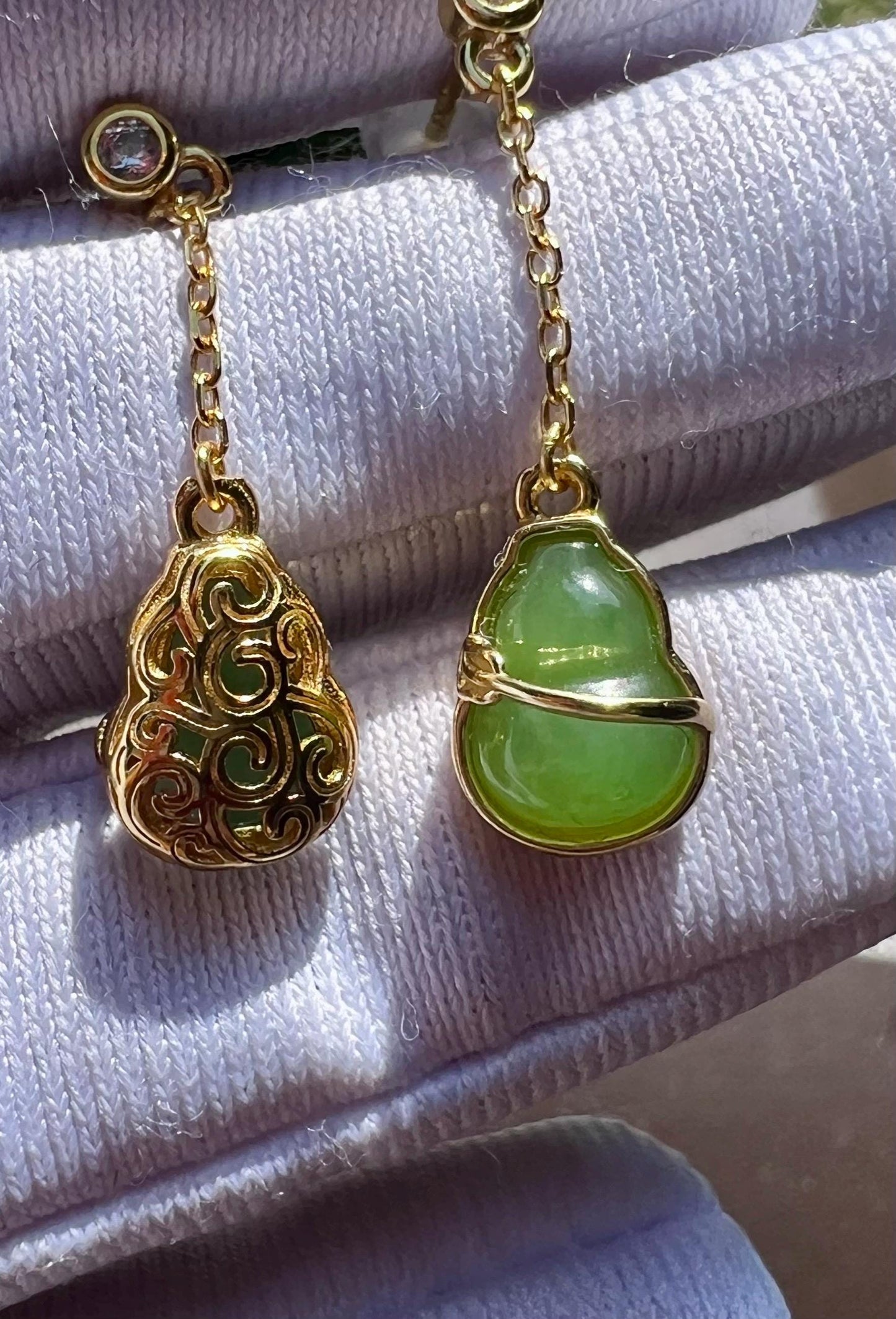 Certified natural nephrite green jade/green nephrite gourd earrings/S925 drop earrings/stud earrings 天然碧玉葫芦耳环  果阳绿 纯银耳钉 耳坠#0440