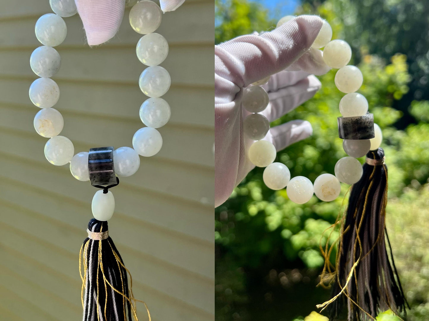 13.8mm Certified natural jade/ white Qinghua Nephrite bracelet/white Qinghua river nephrite/ 天然软玉 子料白玉 点墨青花 圆珠手串 #3061 原皮毛孔