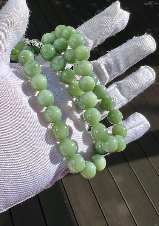 9.5mm Certified natural nephrite green jade/ bluish green nephrite necklace 天然精品软玉 碧玉项链 粉青起莹光 #3070 肉底 夹层料