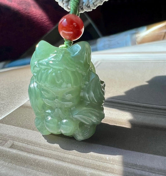 Certified natural jade/lake green nephrite carved Nine-tailed Fox pendant necklace/天然软玉 老料湖水绿九尾狐/狐仙吊坠  胶糯润#6571