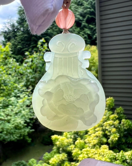 Certified natural jade/Qingshui nephrite carved lute and peony pendant/icy light green nephrite necklace 天然软玉 晴水雕刻琵琶牡丹吊坠 #6643