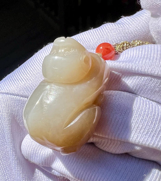 Certified natural jade/ brown white nephrite carved monkey pendant necklace/天然软玉 糖白玉 猴子吊坠 #7341