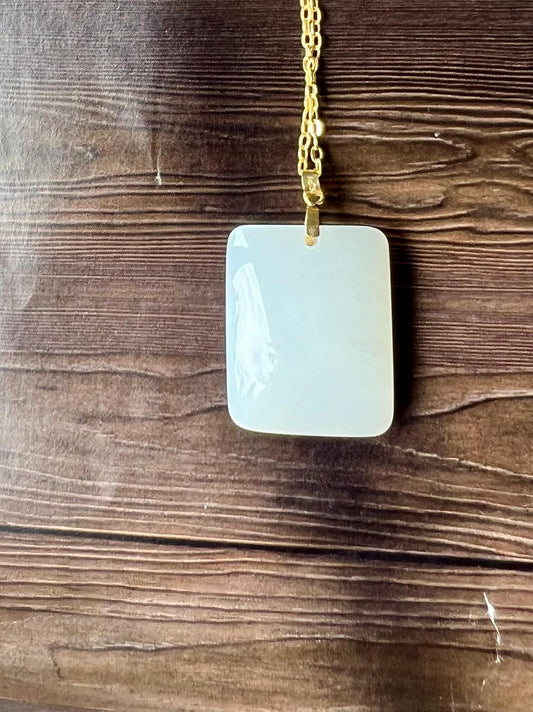 Certified natural jade/ Siberian white nephrite safety pendant necklace/rectangle nephrite nothing pendant /gold 18k 天然软玉 俄料白玉吊坠 小尺寸无事牌 #9279 暖白