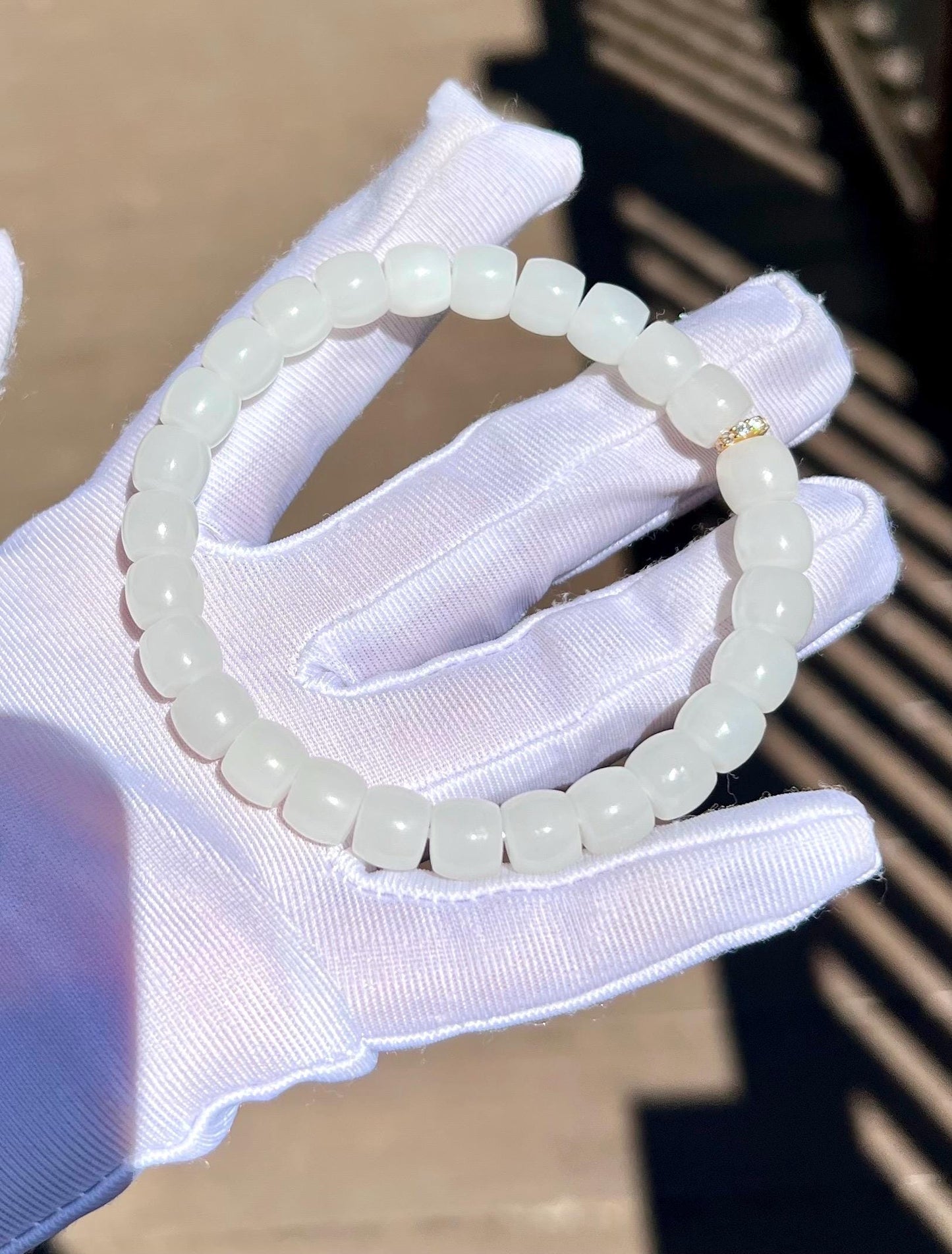 8*7mm Certified natural jade  white Nephrite bracelet/straight cut/天然软玉 青海老料白玉 直切老型珠手串  油糯白润 #3640