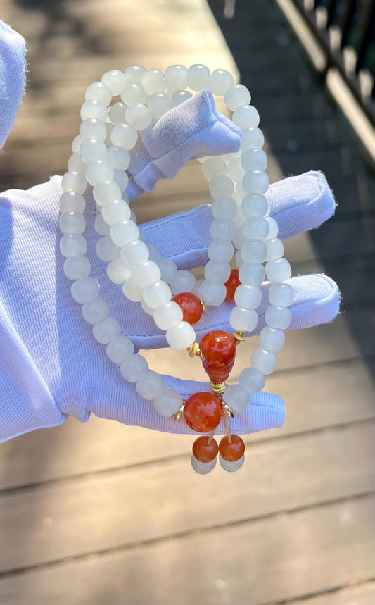 8*7mm Certified natural jade/Qinghai White nephrite necklace 108 beads/multi-wrap bracelet /with Nanhong agate 天然精品软玉 青海白玉项链 108 多用链/多圈手链#1263 冰润细白