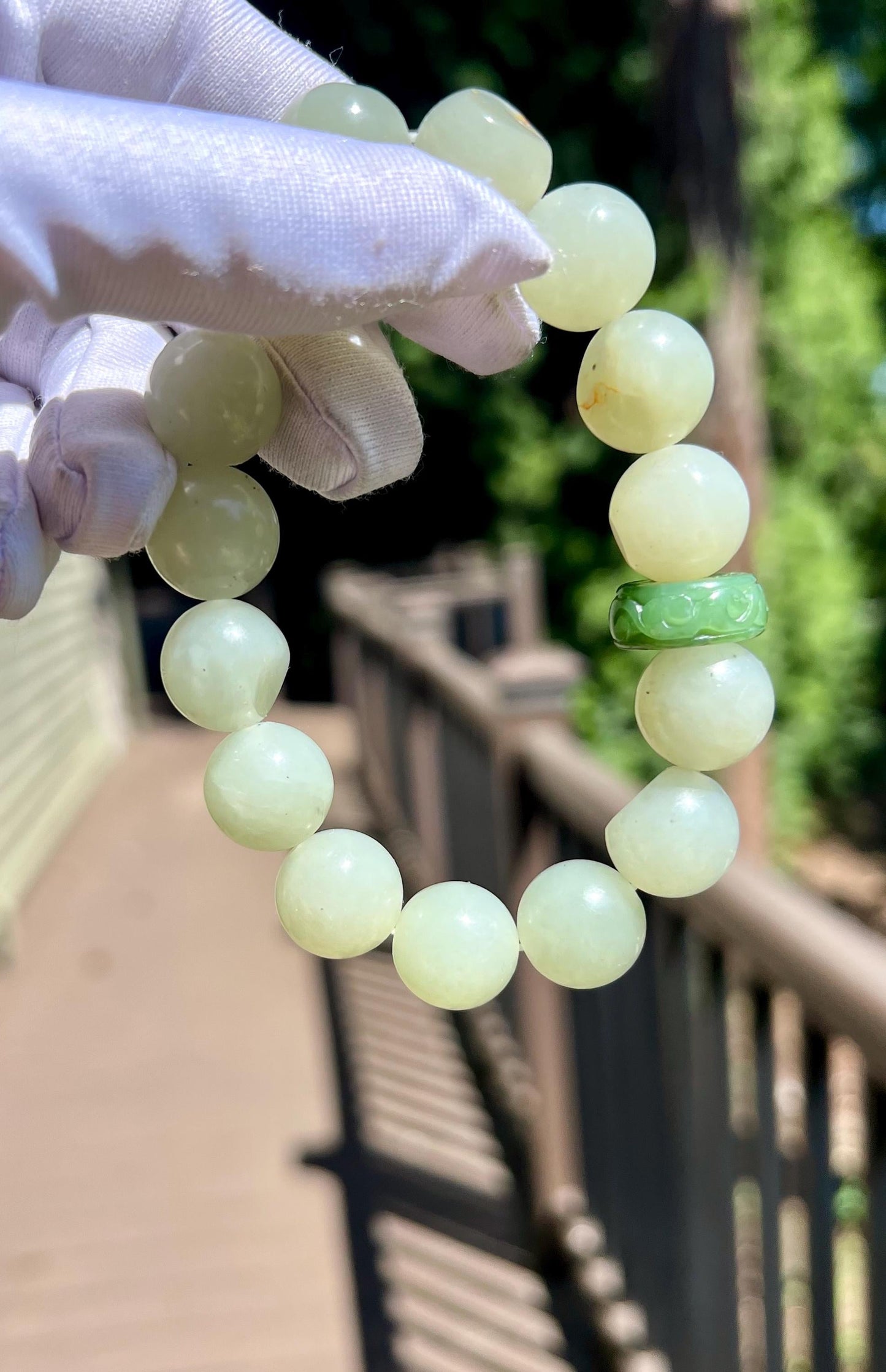 14mm Certified natural jade white Nephrite bracelet/ greenish white/river nephrite/ 天然软玉 青白玉 圆珠手串 #3057 原皮毛孔