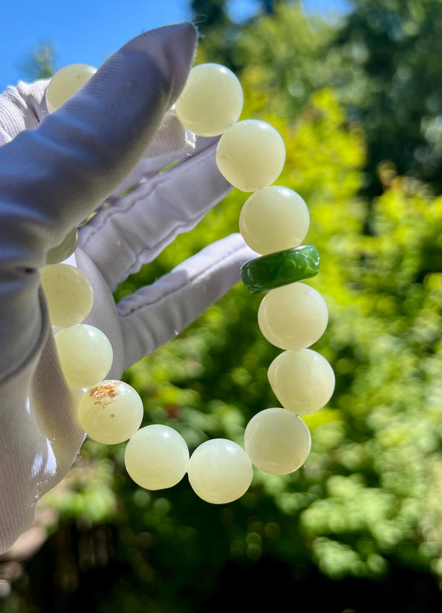 14mm Certified natural jade white Nephrite bracelet/ greenish white/river nephrite/ 天然软玉 青白玉 圆珠手串 #3057 原皮毛孔
