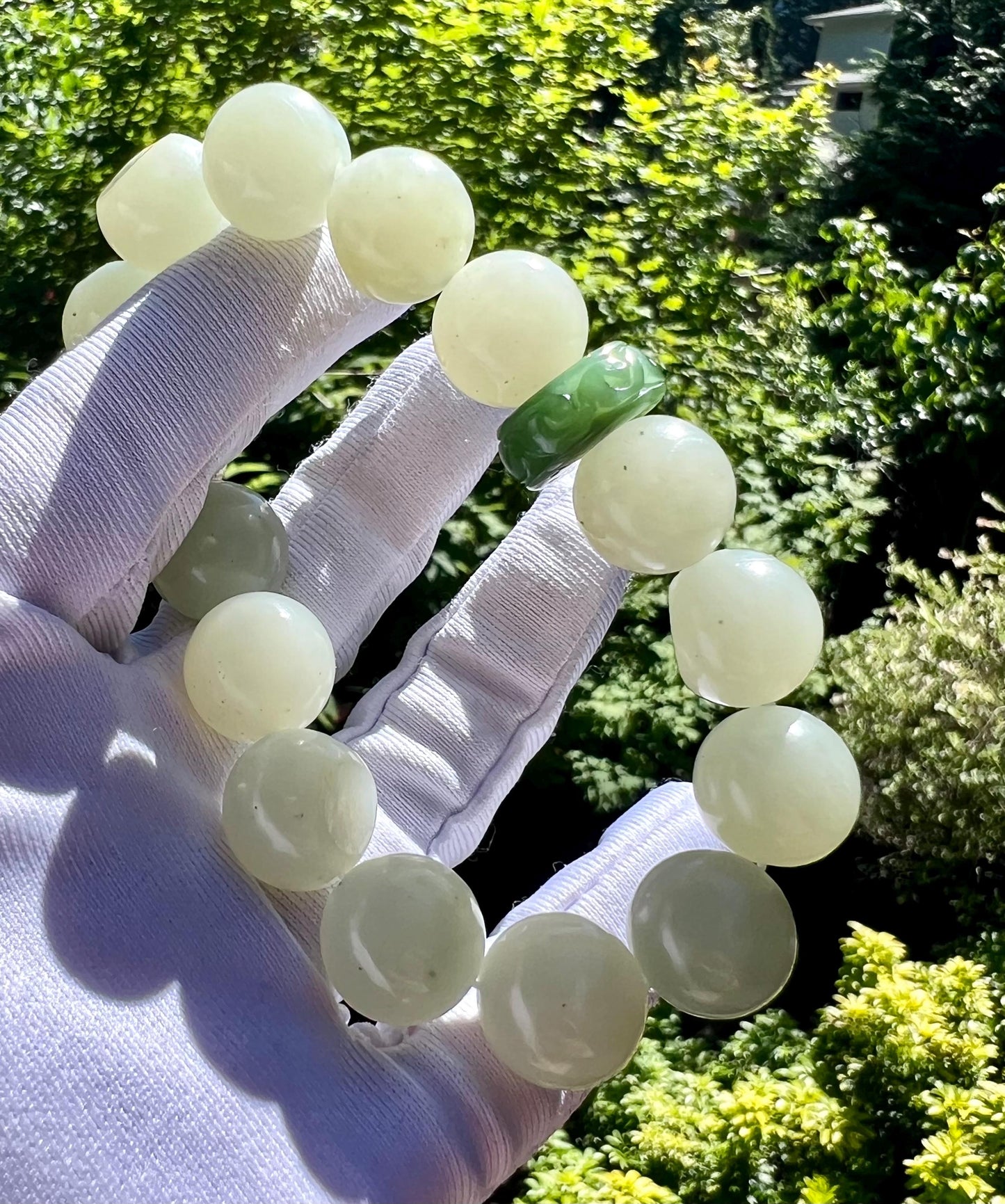14mm Certified natural jade white Nephrite bracelet/ greenish white/river nephrite/ 天然软玉 青白玉 圆珠手串 #3057 原皮毛孔