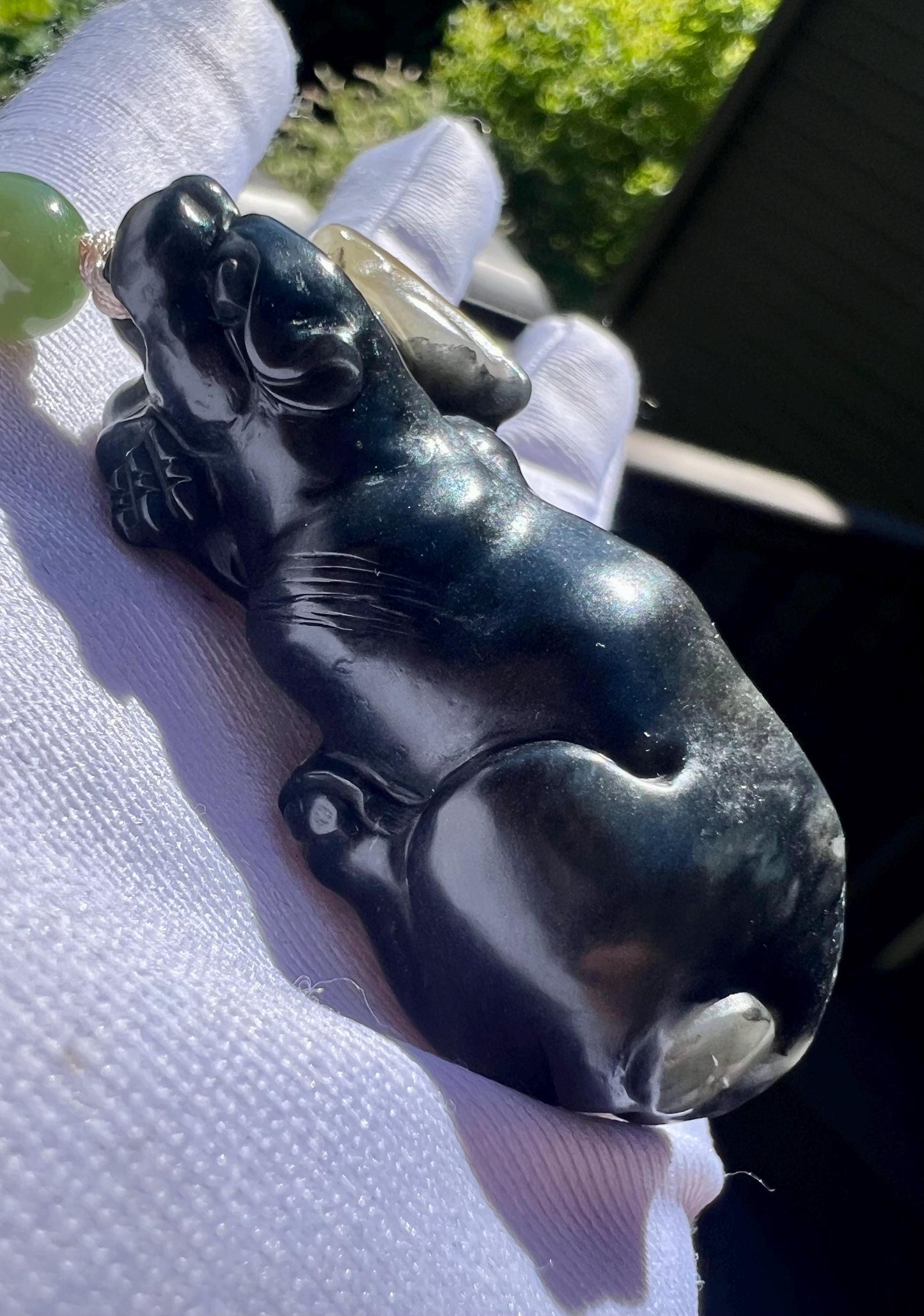 Certified natural jade /black nephrite Qinghua lucky dog pendant necklace/river nephrite 天然软玉 籽料青花墨玉雕刻富贵小狗吊坠 #3937
