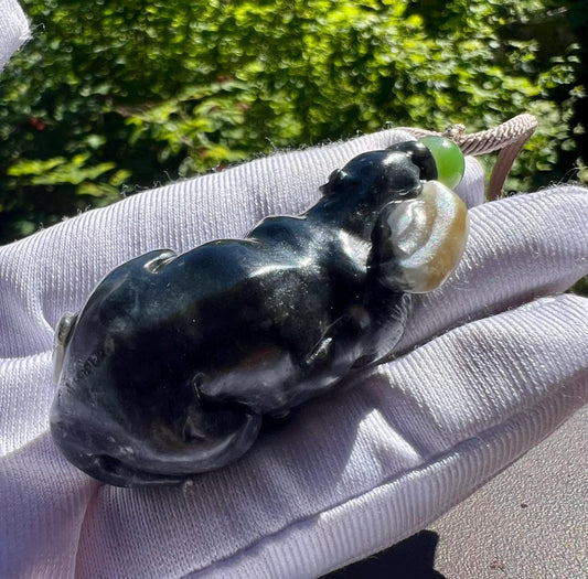 Certified natural jade /black nephrite Qinghua lucky dog pendant necklace/river nephrite 天然软玉 河料青花墨玉雕刻富贵小狗吊坠 #3937