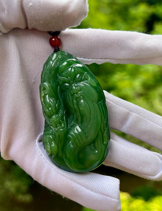 Certified natural nephrite green jade/Siberian green nephrite carved GuanGong dragon pendant necklace/rich bright green 天然精品软玉 俄料碧玉 关公武财神吊坠 #0628浓粉阳绿