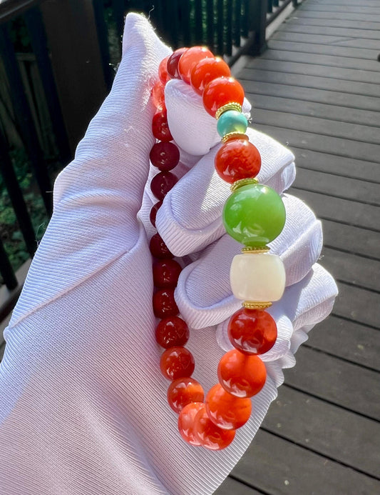 7.4mm Certified natural Nanhong agate/Sichuan Waxi, Southern Red Agate, Chinese Red Agate 天然精品南红玛瑙  四川瓦西 柿子红玫瑰红双色 火焰纹手串#1775 搭配碧玉 白玉 绿松石