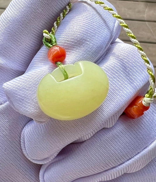 Certified natural jade/Light yellow nephrite safety Ruyi Lock pendant/necklace/天然软玉 黄玉 平安如意锁吊坠#5145 鹅黄色