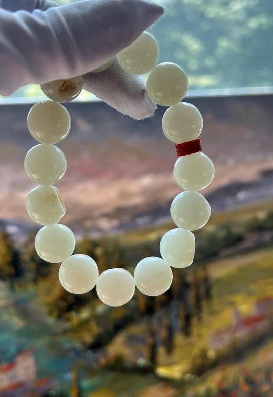 13.8mm Certified natural jade white Nephrite bracelet/warm white/river nephrite/ 天然软玉 子料白玉 圆珠手串 #3064 原皮毛孔