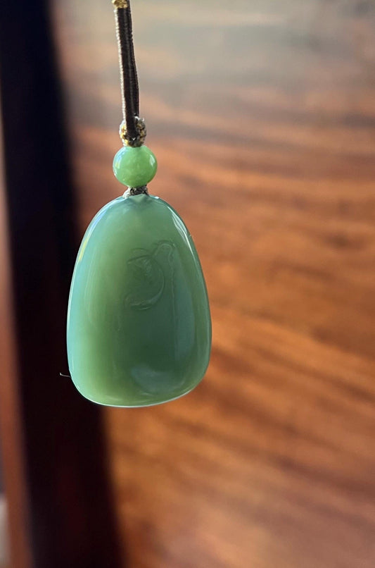 Certified natural nephrite green jade/Siberian green nephrite carved lotus flower pendant/necklace/bluish green 天然软玉 碧玉无事牌 手工雕刻荷花吊坠 肉底粉青起莹光#5098