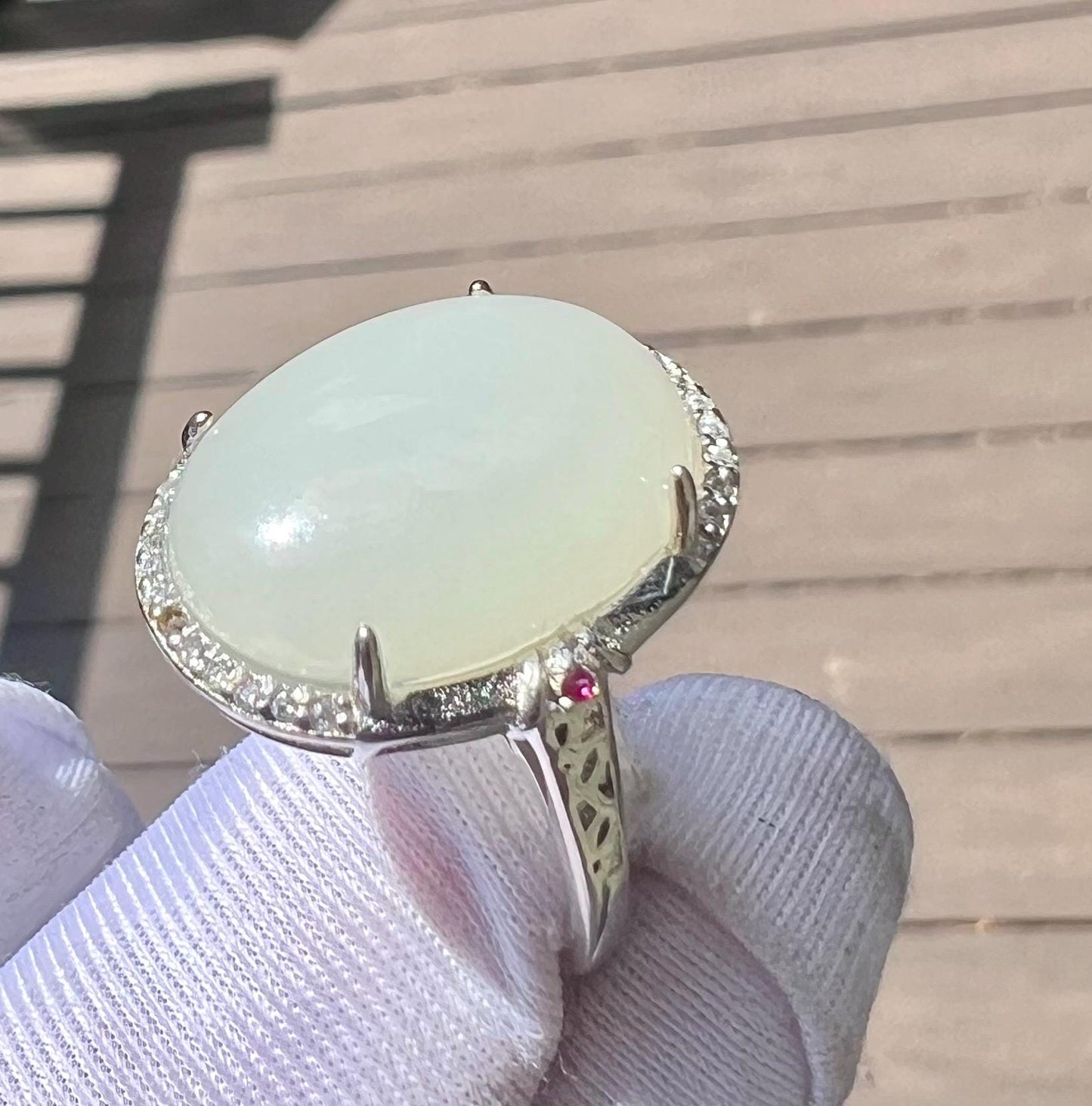Certified natural jade/Qinghai white nephrite ring Sterling Silver ring/oval shaped icy white nephrite/ 天然精品软玉 白玉蛋面纯银镶戒指/指环#0380 冰润糯白