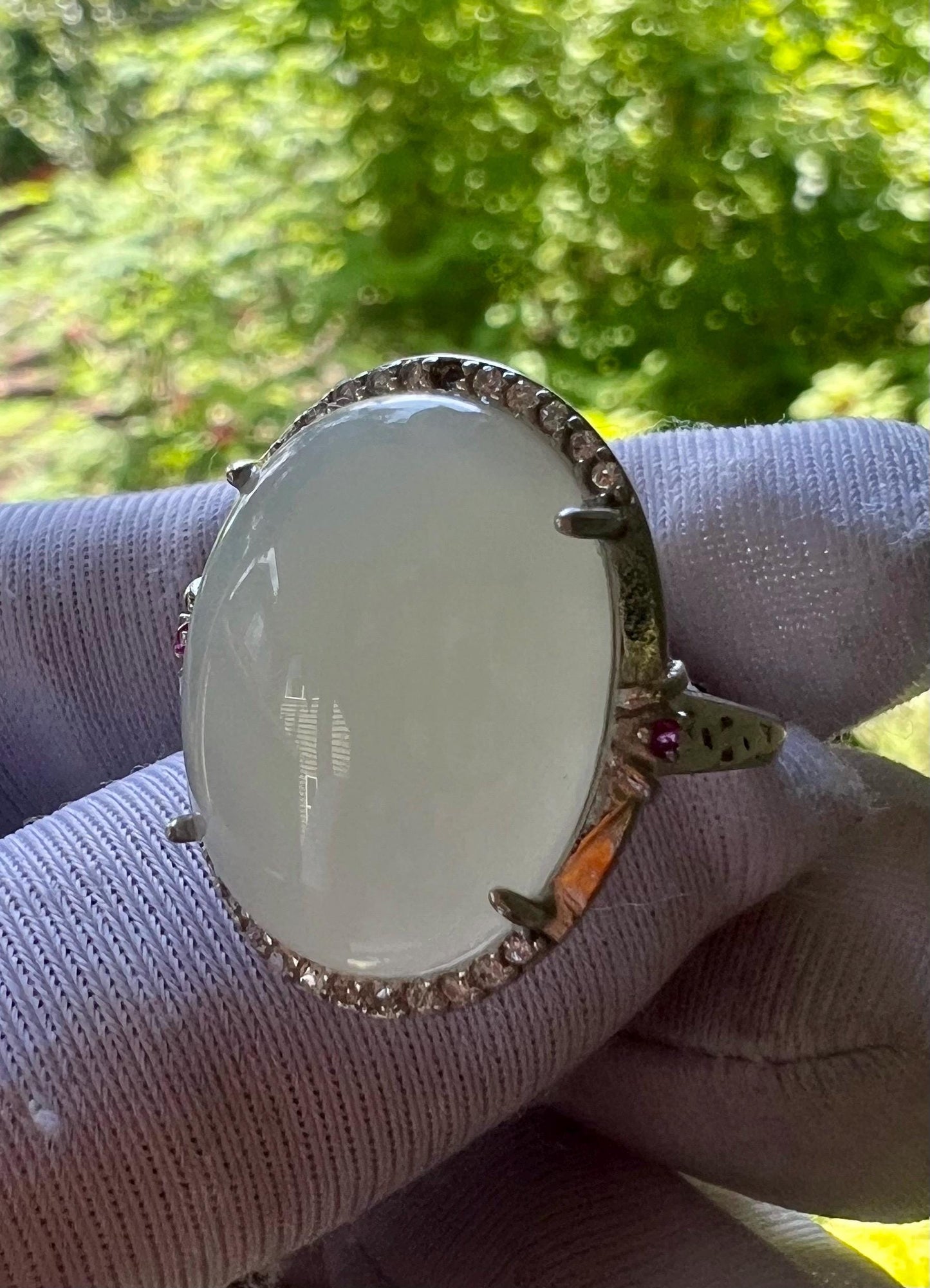 Certified natural jade/Qinghai white nephrite ring Sterling Silver ring/oval shaped icy white nephrite/ 天然精品软玉 白玉蛋面纯银镶戒指/指环#0380 冰润糯白