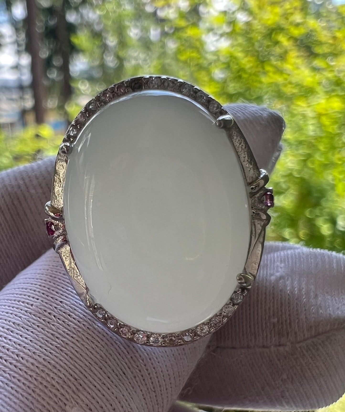 Certified natural jade/Qinghai white nephrite ring Sterling Silver ring/oval shaped icy white nephrite/ 天然精品软玉 白玉蛋面纯银镶戒指/指环#0380 冰润糯白