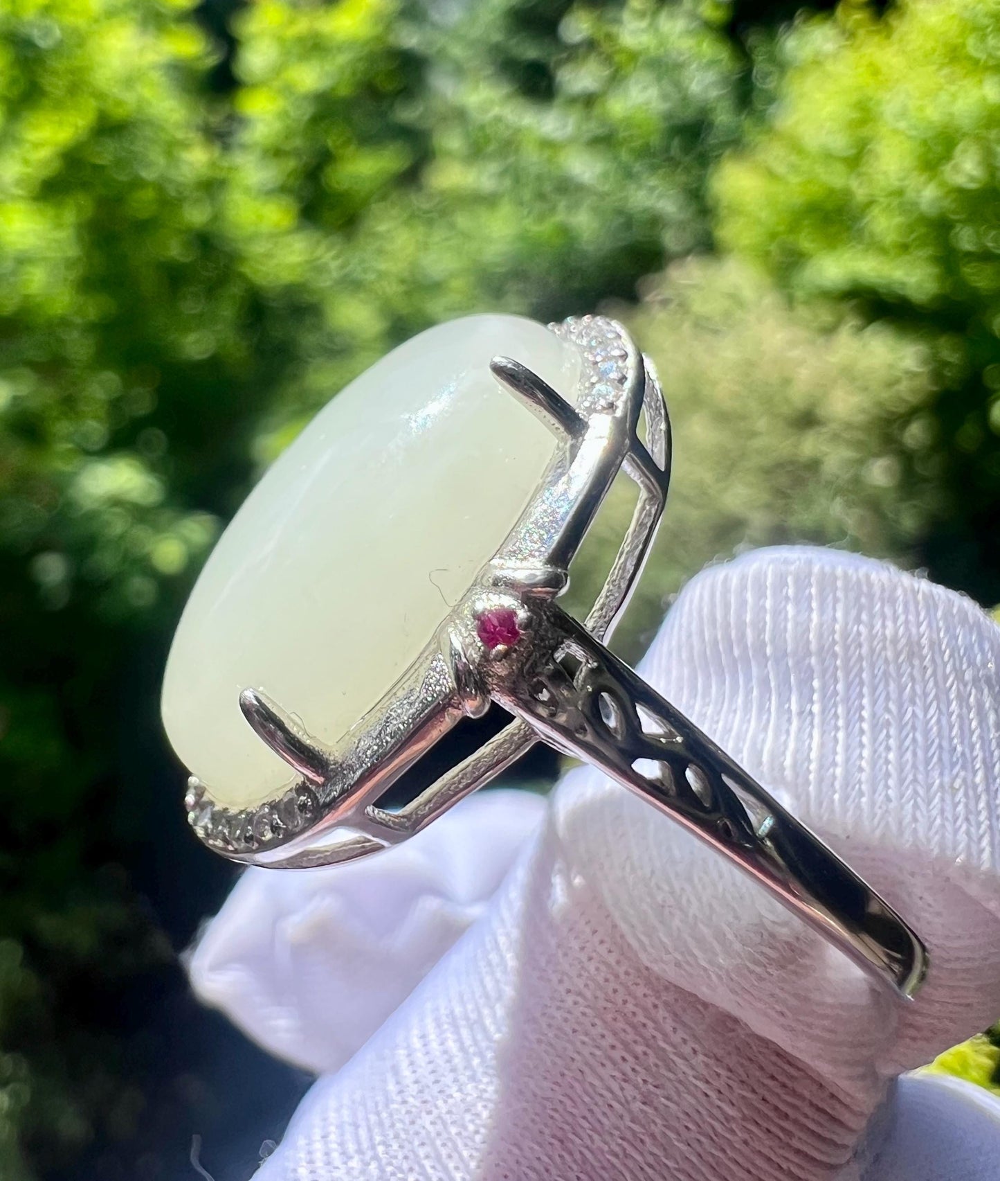 Certified natural jade/Qinghai white nephrite ring Sterling Silver ring/oval shaped icy white nephrite/ 天然精品软玉 白玉蛋面纯银镶戒指/指环#0380 冰润糯白