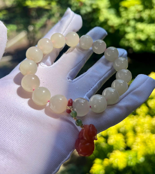 12mm Certified natural jade/Qinghai lotus root pink nephrite bracelet/Baoshan Nanhong mouse charm 天然精品软玉 藕粉手串 冰糯果冻料 胶感足起莹光 #3078 肉粉色 搭配保山南红鼠来宝挂件