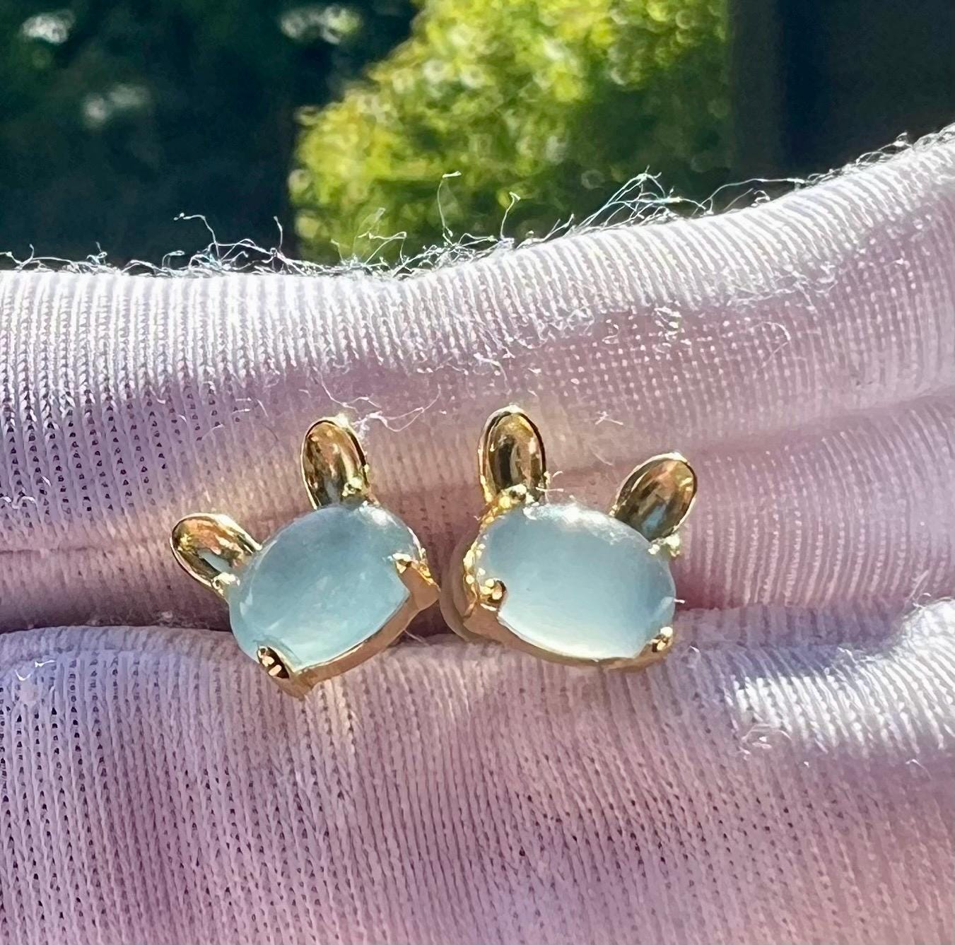 Certified natural Guatemala Grade A Blue Jade / icy  blue Jadiete bunny shaped stud earrings/S925 天然A货危料蓝水翡翠  兔子造型 耳环 耳钉 #0085