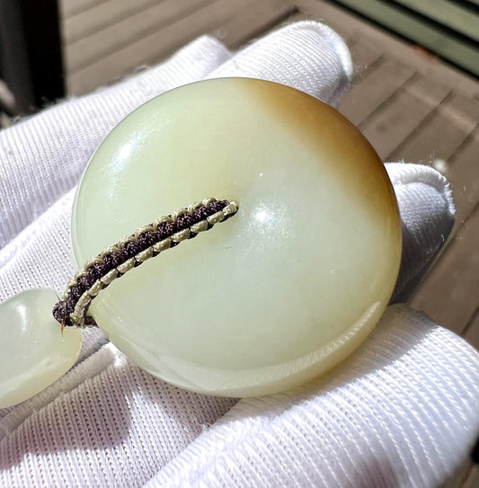 Certified natural jade/Qiemo brown White Nephrite donut pendant/circle safety pendant/red golden brown  天然精品软玉 糖白玉 平安扣 吊坠  项链 #1396 天地糖 高油糯