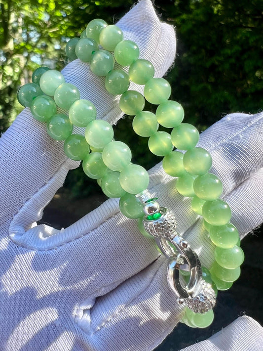 5.8mm Certified natural nephrite green jade/light emerald fruit green nephrite necklace/vivid chatoyant nephrite /天然精品软玉 猫眼碧玉项链/手串#1838