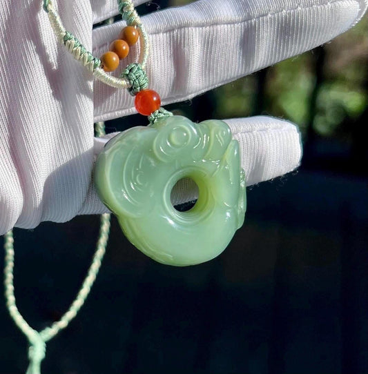 Certified natural nephrite green jade/Siberian light bluish green nephrite pig dragon pendant/hand carved jade necklace天然精品软玉 俄料碧玉粉青玉猪龙#4205 无结构 起莹光