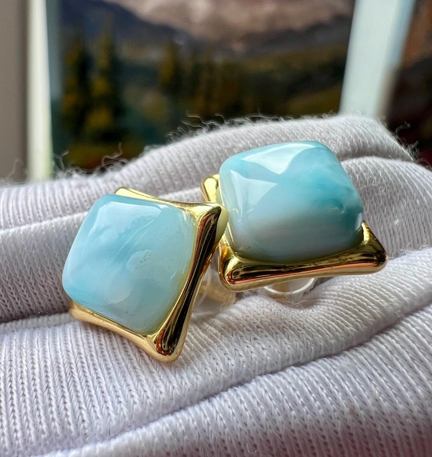 Certified natural Larimar earrings /sea and sky color/square shape stud earrings sterling silver/ 天然海纹石耳钉 耳环 方形切割 波浪纹纯银镶嵌#1052 全玉化