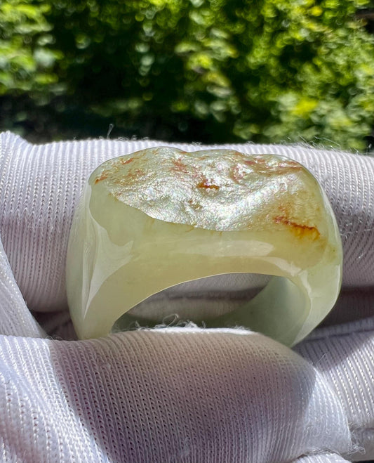 19.2mm Certified natural jade/River bluish white Nephrite ring / nephrite band ring 天然软玉 高青白子料扳指 指环/戒圈 马鞍戒#4202 US size 8 3/4 枣红原皮毛孔