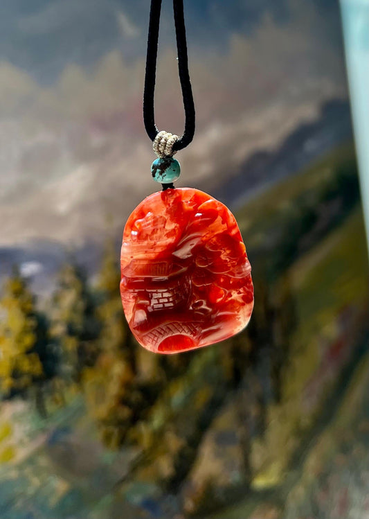 Certified natural Nanhong agate carved landscape Pendant necklace, Southern Red Agate Pendant,天然精品川料南红手工雕刻山水之间 吊坠 项链 #9441 红润