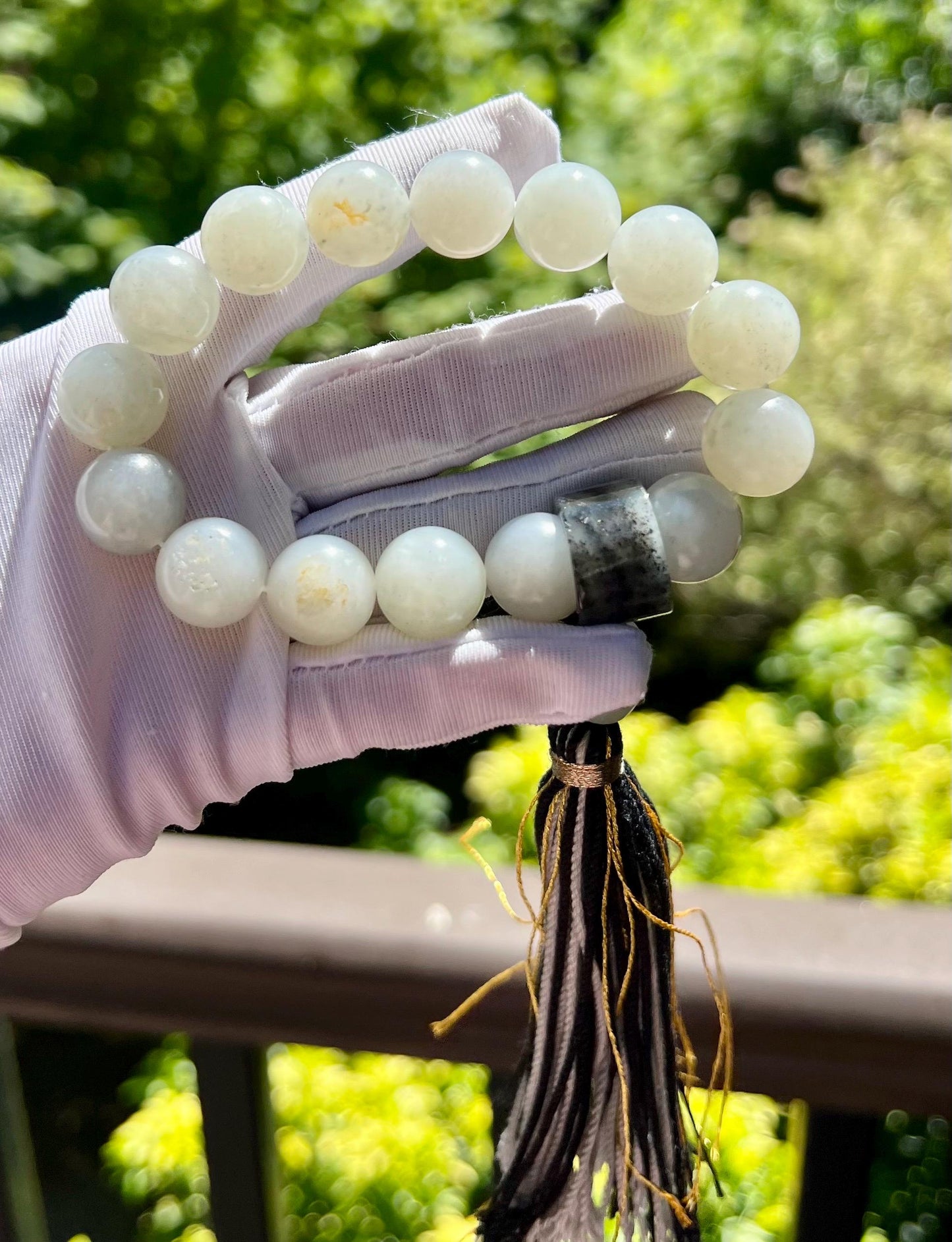 13.8mm Certified natural jade/ white Qinghua Nephrite bracelet/white Qinghua river nephrite/ 天然软玉 子料白玉 点墨青花 圆珠手串 #3061 原皮毛孔