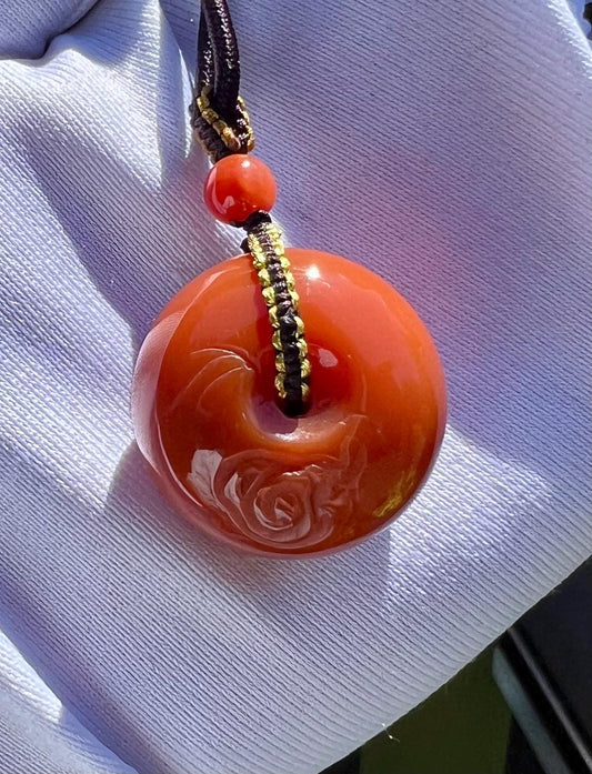 Certified natural Nanhong Agate donut safety Pendant necklace, Southern Red Agate safety lucky Pendant,天然精品川料南红平安扣 吊坠 项链 #9552 瓦西柿子黄玫红火焰纹